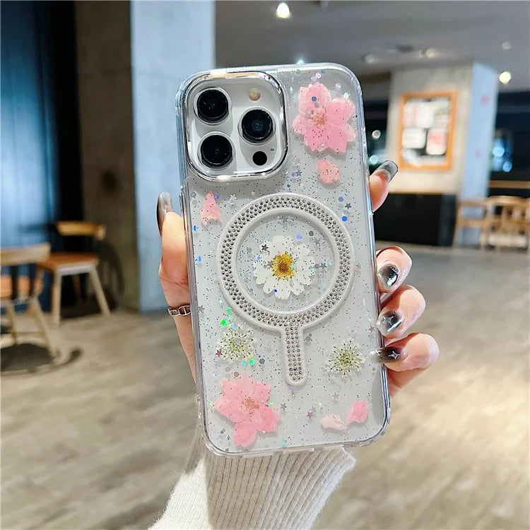 For iPhone 13 Pro Max Case PC+TPU Cell Phone Cover Magnetic Epoxy Dried Flower Phone Shell
