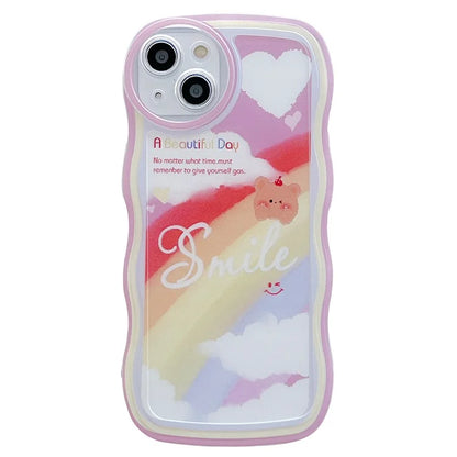 For iPhone 15 Case Curly Wave Frame Pattern Printed TPU Phone Cover and Bear