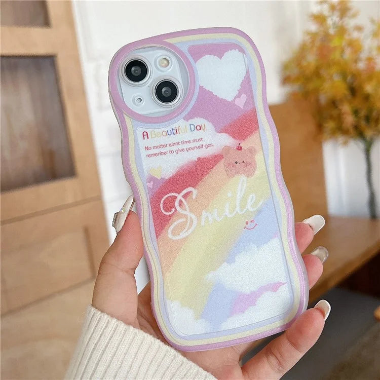 For iPhone 15 Case Curly Wave Frame Pattern Printed TPU Phone Cover and Bear