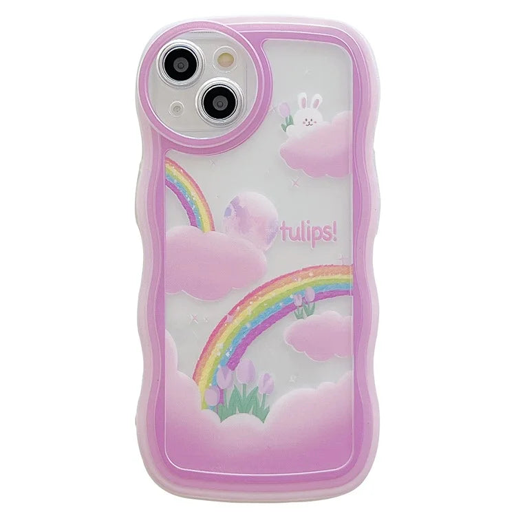 For iPhone 15 Case Curly Wave Frame Pattern Printed TPU Phone Cover and Rabbit