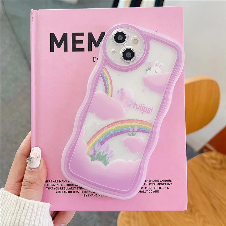 For iPhone 15 Case Curly Wave Frame Pattern Printed TPU Phone Cover and Rabbit