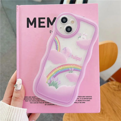 For iPhone 15 Case Curly Wave Frame Pattern Printed TPU Phone Cover and Rabbit