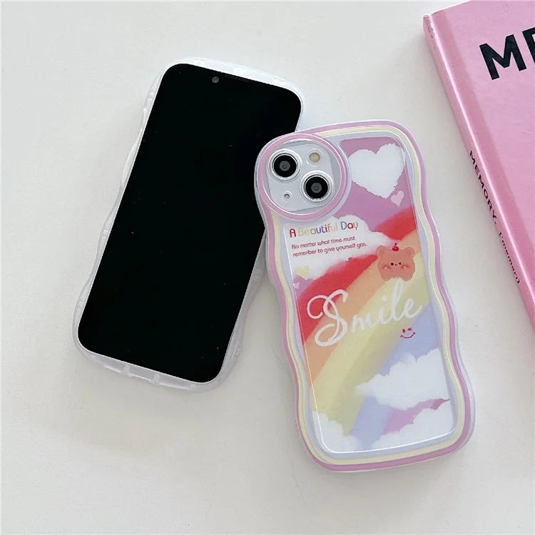 For iPhone 15 Case Curly Wave Frame Pattern Printed TPU Phone Cover and Rabbit