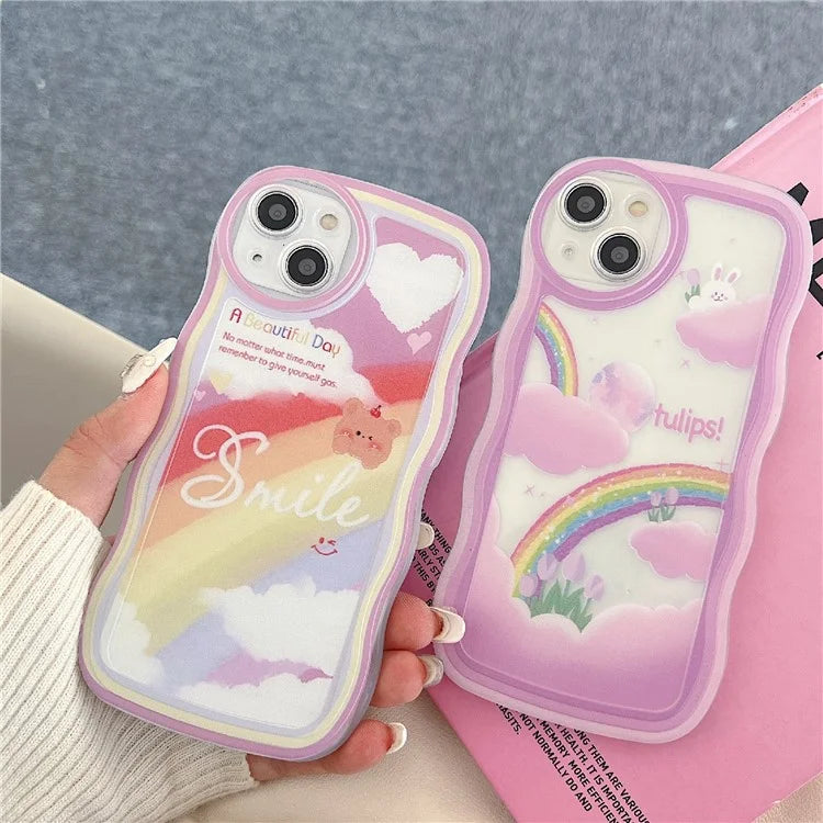 For iPhone 15 Case Curly Wave Frame Pattern Printed TPU Phone Cover and Rabbit