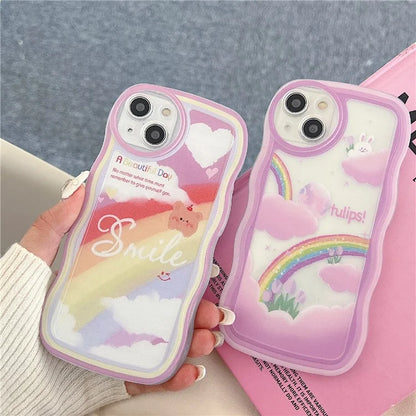 For iPhone 15 Case Curly Wave Frame Pattern Printed TPU Phone Cover and Rabbit