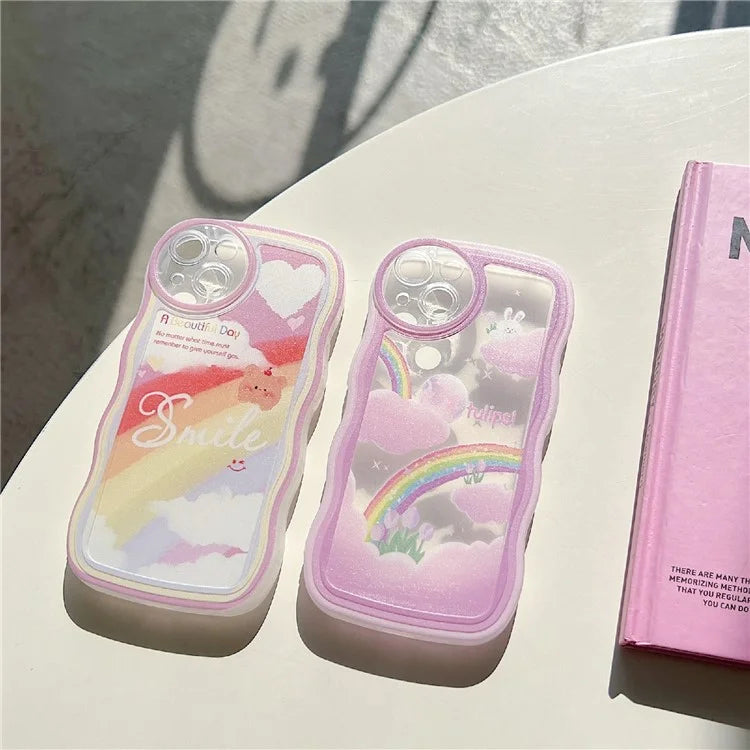 For iPhone 15 Case Curly Wave Frame Pattern Printed TPU Phone Cover and Rabbit