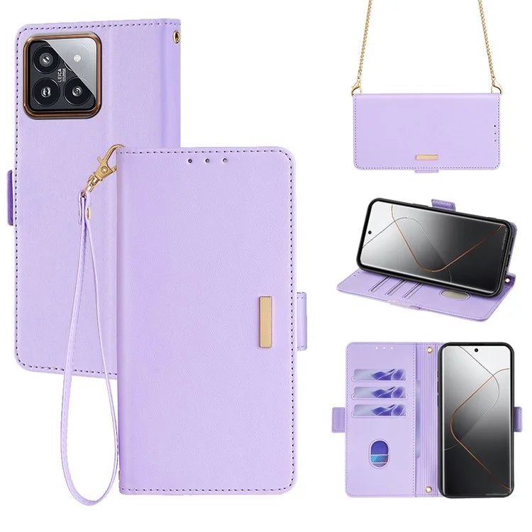 For Xiaomi 14 Pro Case with Golden Chain Shoulder Strap RFID Blocking Leather Phone Cover