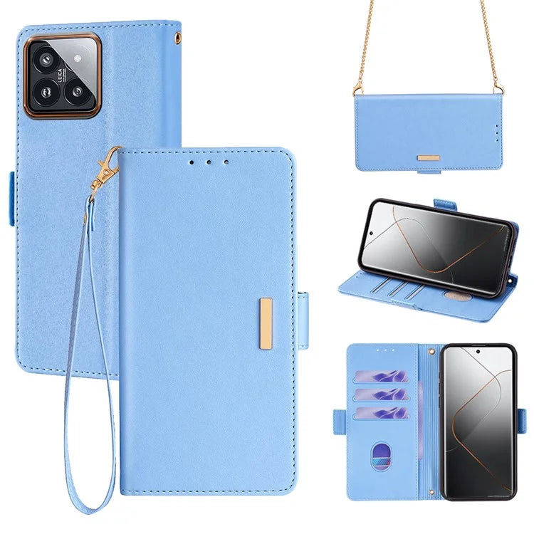 For Xiaomi 14 Pro Case with Golden Chain Shoulder Strap RFID Blocking Leather Phone Cover
