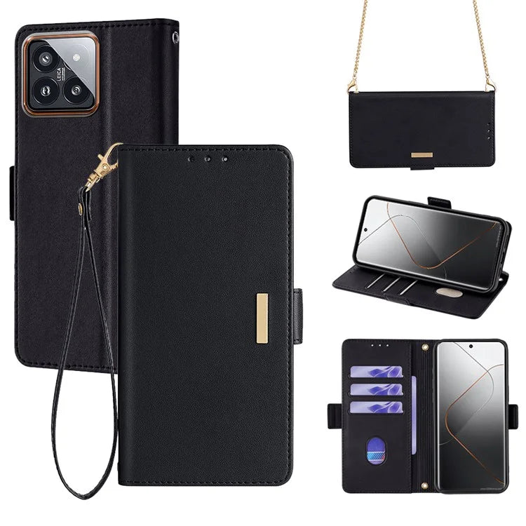 For Xiaomi 14 Pro Case with Golden Chain Shoulder Strap RFID Blocking Leather Phone Cover