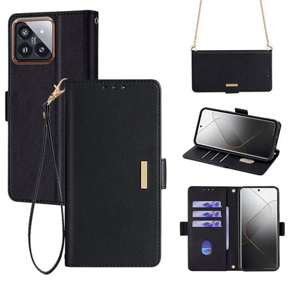 For Xiaomi 14 Pro Case with Golden Chain Shoulder Strap RFID Blocking Leather Phone Cover