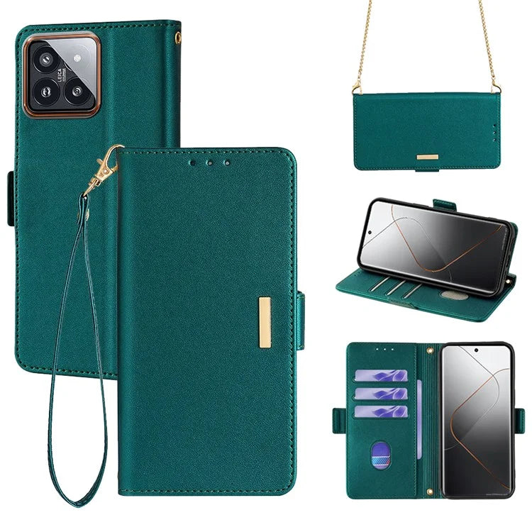 For Xiaomi 14 Pro Case with Golden Chain Shoulder Strap RFID Blocking Leather Phone Cover