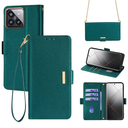 For Xiaomi 14 Pro Case with Golden Chain Shoulder Strap RFID Blocking Leather Phone Cover