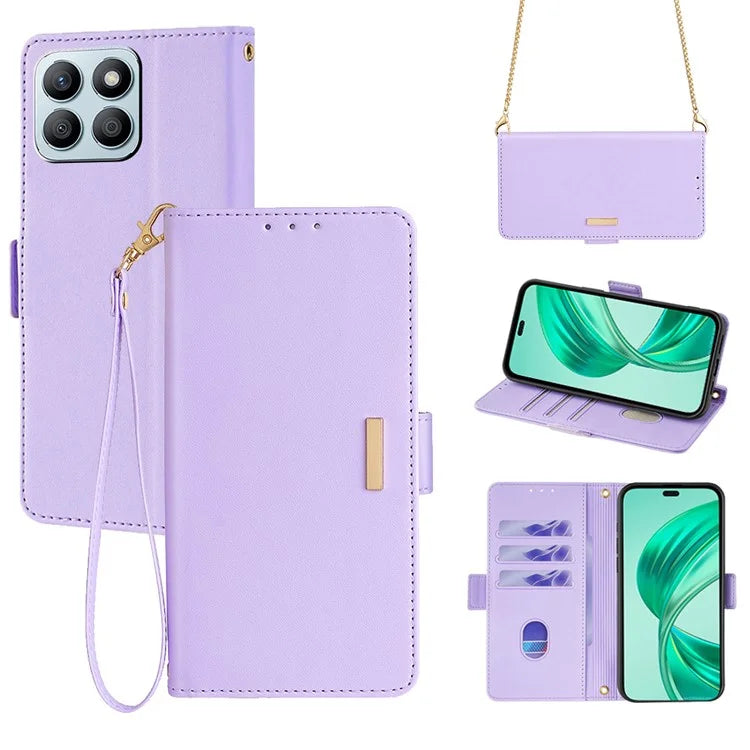 For Honor X8b 4G Leather Case with Shoulder Strap RFID Blocking Wallet Stand Cover