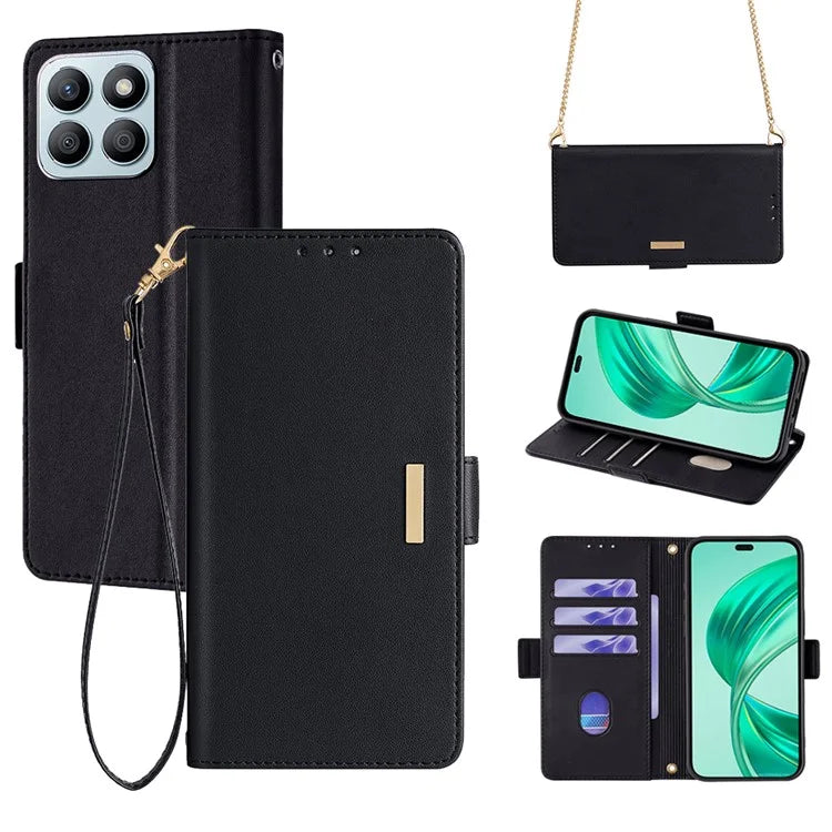 For Honor X8b 4G Leather Case with Shoulder Strap RFID Blocking Wallet Stand Cover