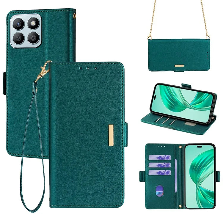 For Honor X8b 4G Leather Case with Shoulder Strap RFID Blocking Wallet Stand Cover