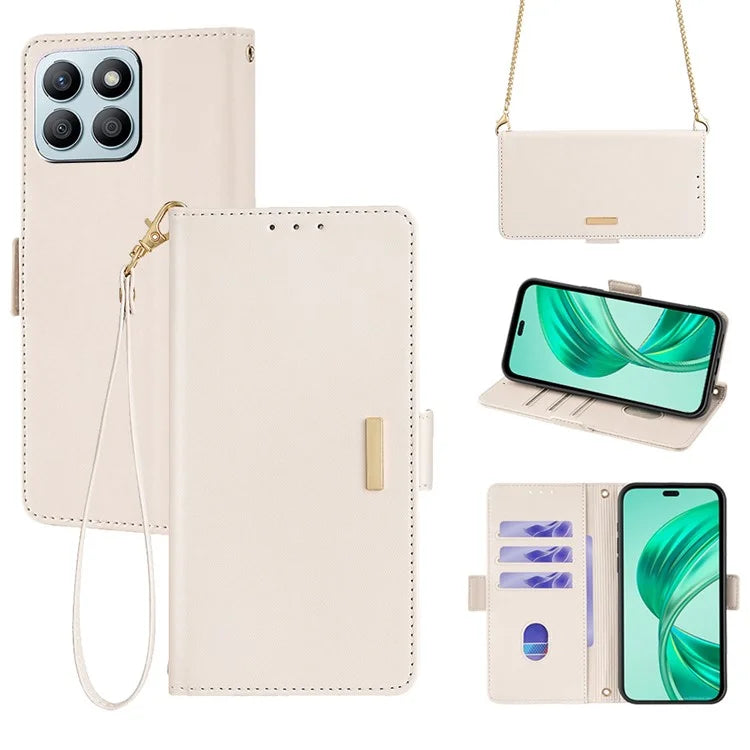 For Honor X8b 4G Leather Case with Shoulder Strap RFID Blocking Wallet Stand Cover