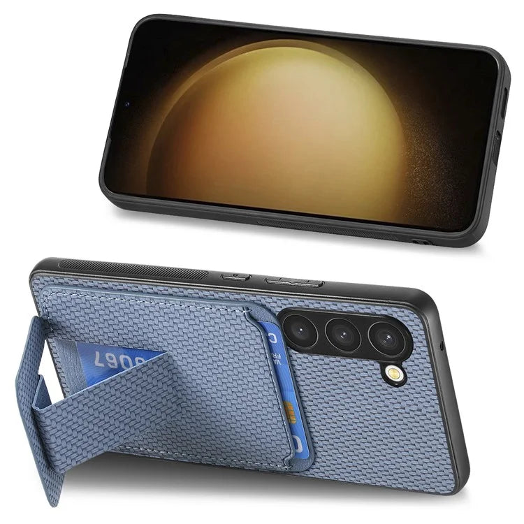 C1-11 for Samsung Galaxy S23 Case Bump Proof Leather Coated TPU Phone Shell with Folding Kickstand