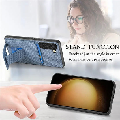 C1-11 for Samsung Galaxy S23 Case Bump Proof Leather Coated TPU Phone Shell with Folding Kickstand