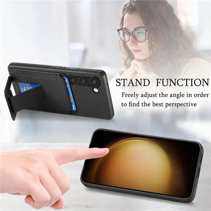 C1-11 for Samsung Galaxy S23 Case Bump Proof Leather Coated TPU Phone Shell with Folding Kickstand