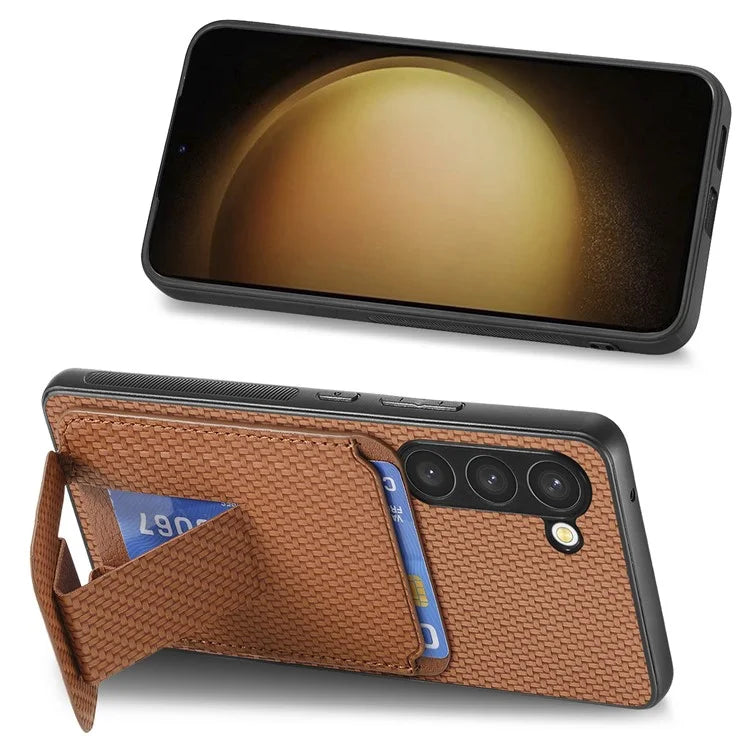 C1-11 for Samsung Galaxy S23 Case Bump Proof Leather Coated TPU Phone Shell with Folding Kickstand
