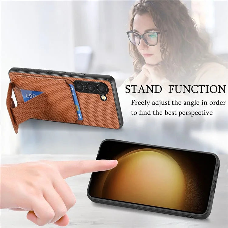 C1-11 for Samsung Galaxy S23 Case Bump Proof Leather Coated TPU Phone Shell with Folding Kickstand