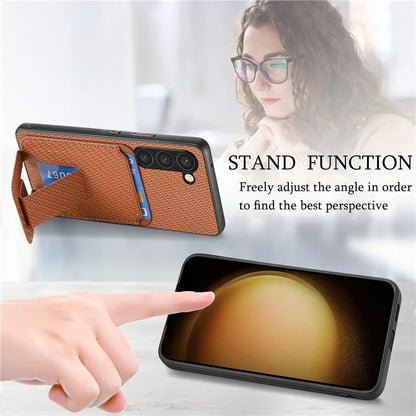 C1-11 for Samsung Galaxy S23 Case Bump Proof Leather Coated TPU Phone Shell with Folding Kickstand