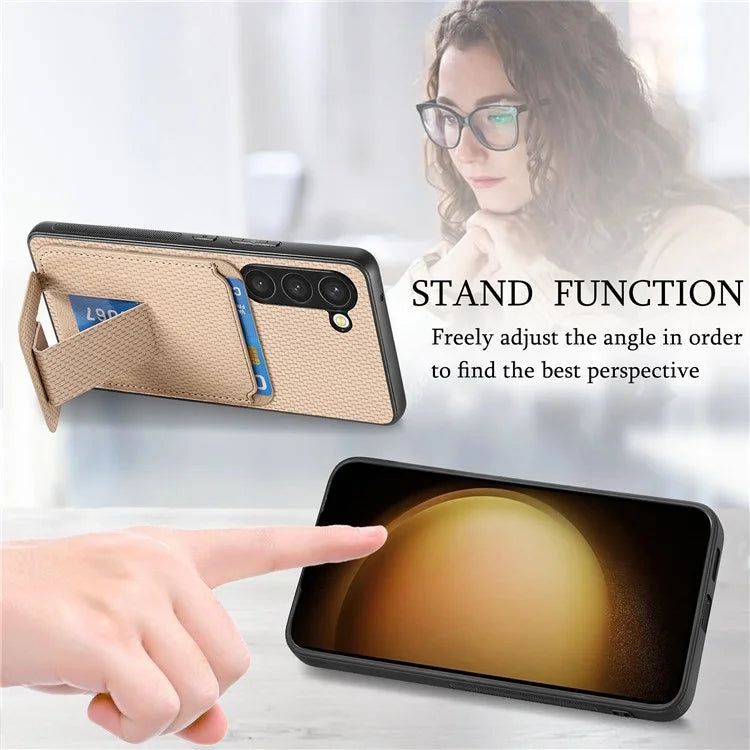 C1-11 for Samsung Galaxy S23 Case Bump Proof Leather Coated TPU Phone Shell with Folding Kickstand