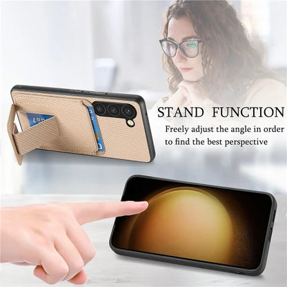 C1-11 for Samsung Galaxy S23 Case Bump Proof Leather Coated TPU Phone Shell with Folding Kickstand