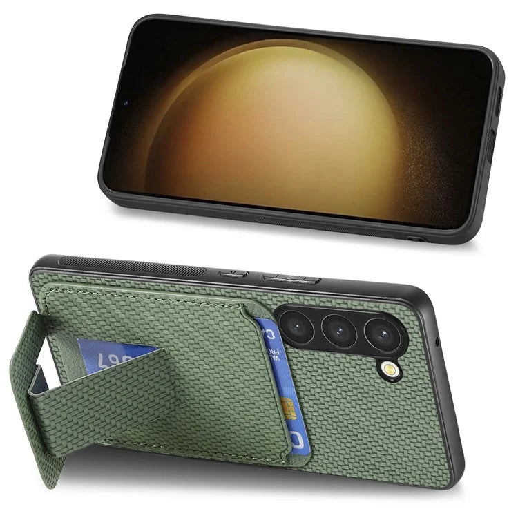 C1-11 for Samsung Galaxy S23 Case Bump Proof Leather Coated TPU Phone Shell with Folding Kickstand