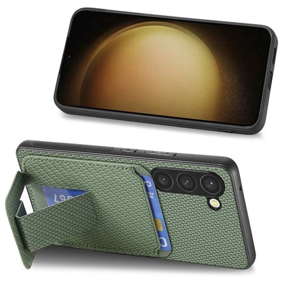 C1-11 for Samsung Galaxy S23 Case Bump Proof Leather Coated TPU Phone Shell with Folding Kickstand