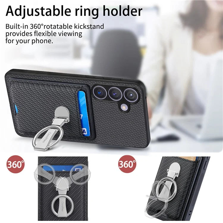 C1-9 for Samsung Galaxy S24 Case Carbon FiberTexture Leather Protective Shell with Ring Kickstand