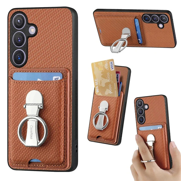 C1-9 for Samsung Galaxy S24 Case Carbon FiberTexture Leather Protective Shell with Ring Kickstand