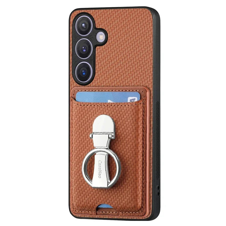 C1-9 for Samsung Galaxy S24 Case Carbon FiberTexture Leather Protective Shell with Ring Kickstand