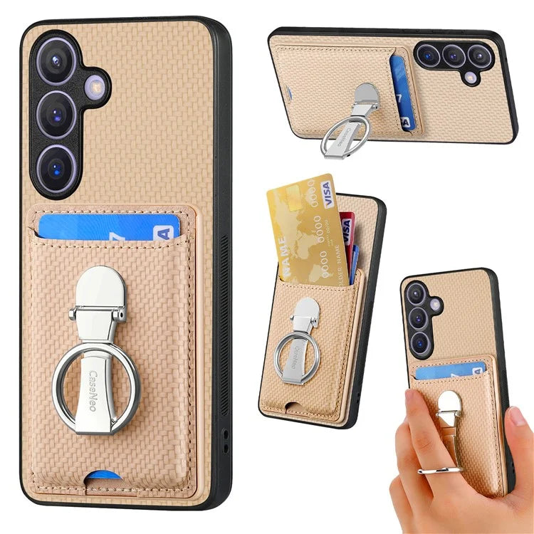 C1-9 for Samsung Galaxy S24 Case Carbon FiberTexture Leather Protective Shell with Ring Kickstand
