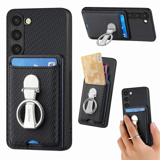 C1-9 for Samsung Galaxy S23 Case Card Holder Carbon Fiber Texture Leather+TPU+PC Phone Cover