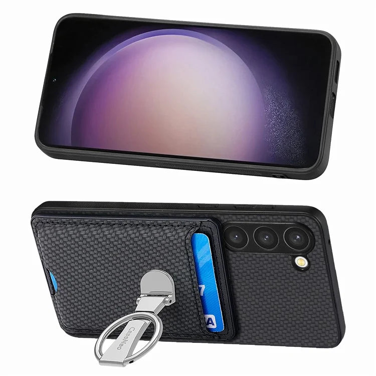C1-9 for Samsung Galaxy S23 Case Card Holder Carbon Fiber Texture Leather+TPU+PC Phone Cover