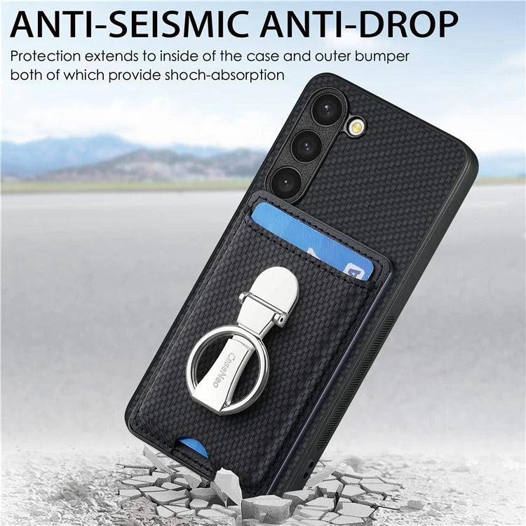 C1-9 for Samsung Galaxy S23 Case Card Holder Carbon Fiber Texture Leather+TPU+PC Phone Cover