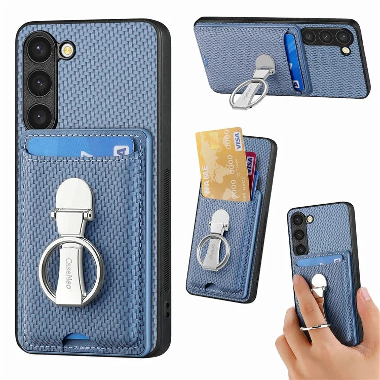 C1-9 for Samsung Galaxy S23 Case Card Holder Carbon Fiber Texture Leather+TPU+PC Phone Cover