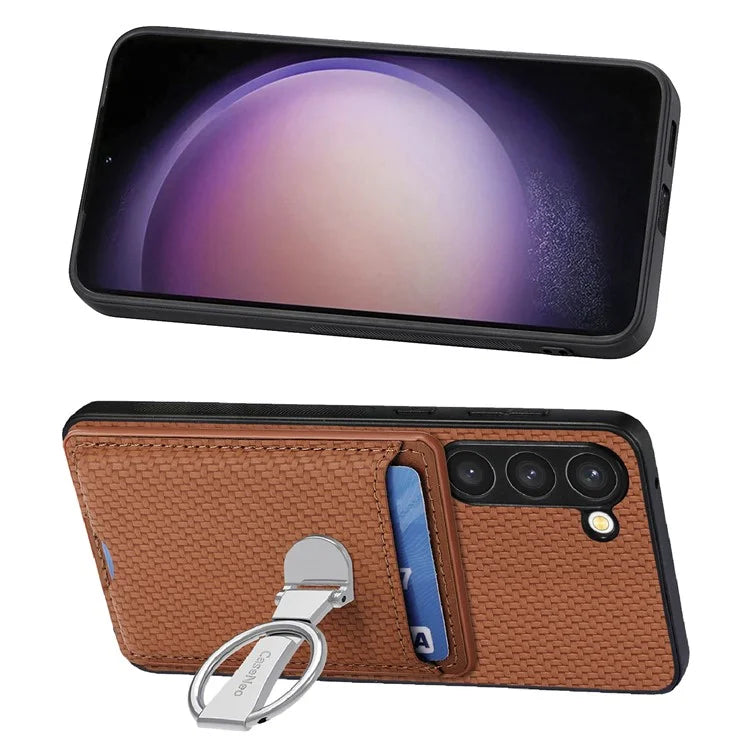 C1-9 for Samsung Galaxy S23 Case Card Holder Carbon Fiber Texture Leather+TPU+PC Phone Cover