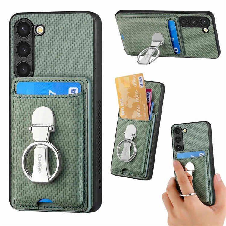 C1-9 for Samsung Galaxy S23 Case Card Holder Carbon Fiber Texture Leather+TPU+PC Phone Cover
