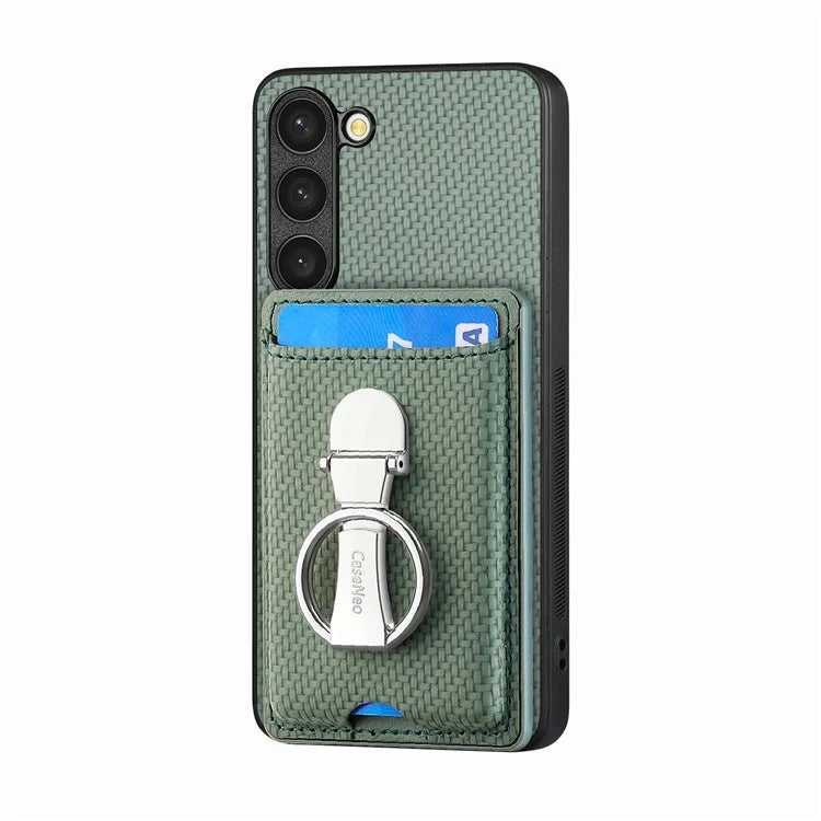 C1-9 for Samsung Galaxy S23 Case Card Holder Carbon Fiber Texture Leather+TPU+PC Phone Cover