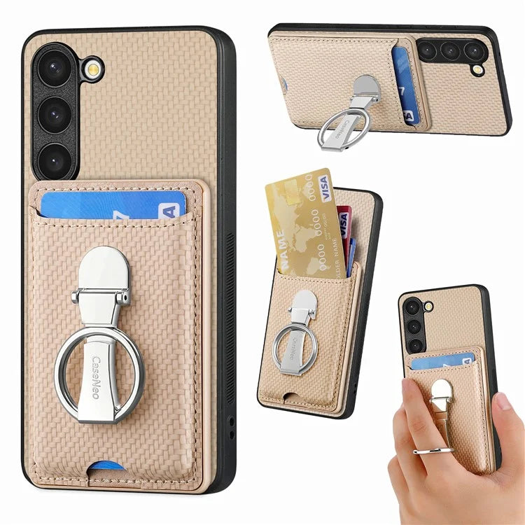 C1-9 for Samsung Galaxy S23 Case Card Holder Carbon Fiber Texture Leather+TPU+PC Phone Cover