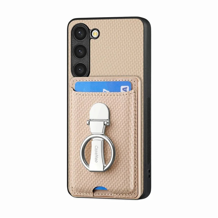 C1-9 for Samsung Galaxy S23 Case Card Holder Carbon Fiber Texture Leather+TPU+PC Phone Cover