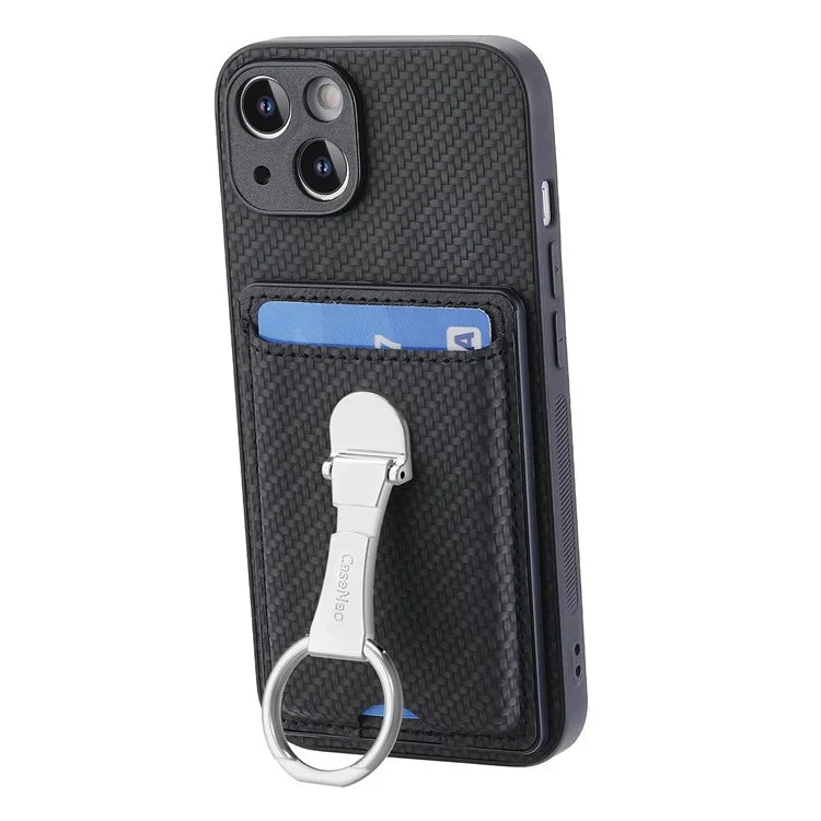 C1-9 For iPhone 14 Kickstand Case Carbon Fiber Texture PU+TPU+PC Phone Cover
