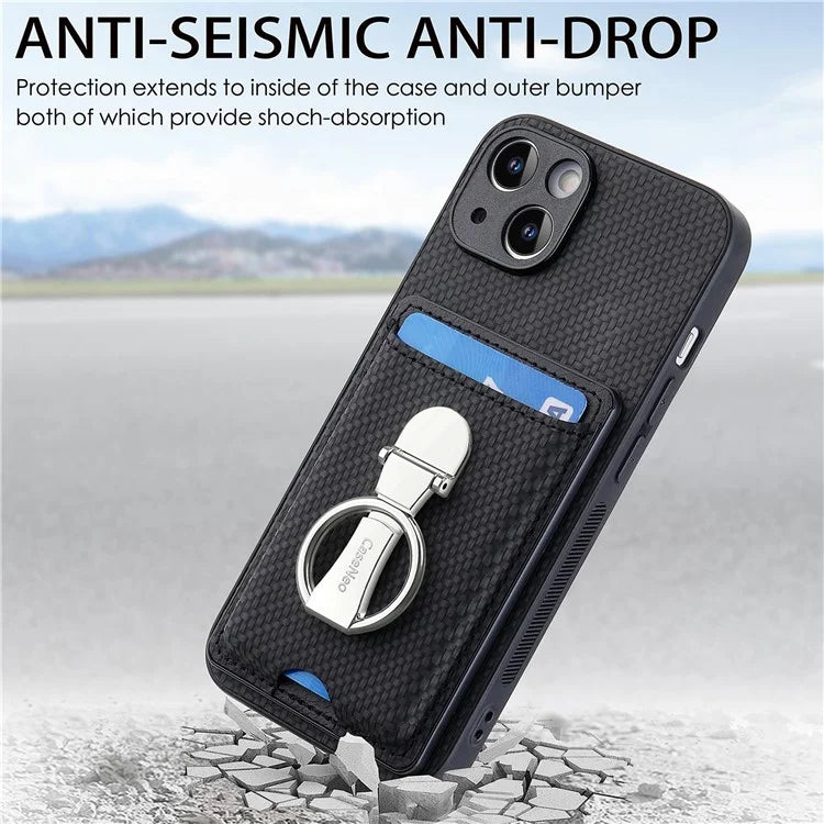 C1-9 For iPhone 14 Kickstand Case Carbon Fiber Texture PU+TPU+PC Phone Cover