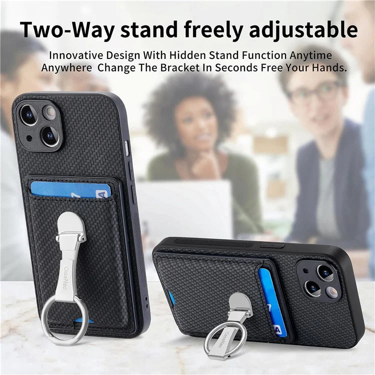 C1-9 For iPhone 14 Kickstand Case Carbon Fiber Texture PU+TPU+PC Phone Cover