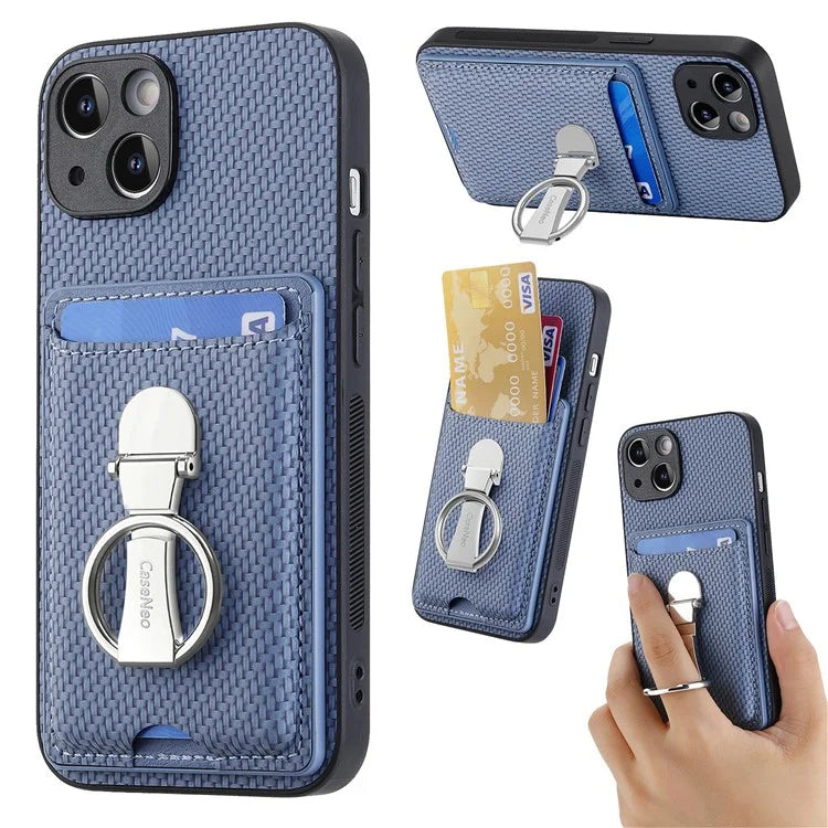 C1-9 For iPhone 14 Kickstand Case Carbon Fiber Texture PU+TPU+PC Phone Cover