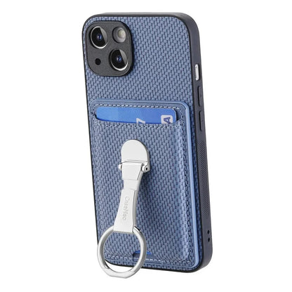 C1-9 For iPhone 14 Kickstand Case Carbon Fiber Texture PU+TPU+PC Phone Cover