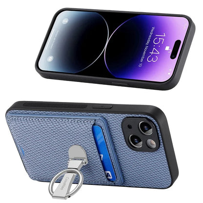 C1-9 For iPhone 14 Kickstand Case Carbon Fiber Texture PU+TPU+PC Phone Cover