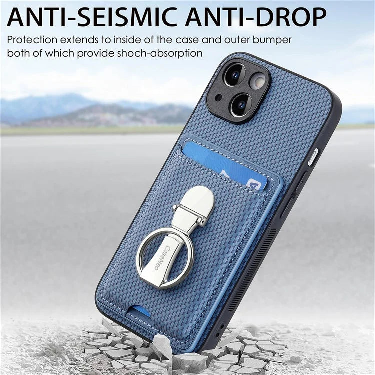 C1-9 For iPhone 14 Kickstand Case Carbon Fiber Texture PU+TPU+PC Phone Cover